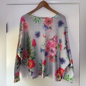 Luisa Ricci Open Weave Floral Print Sweater Dolman Sleeve Gray Blue Pink Medium
